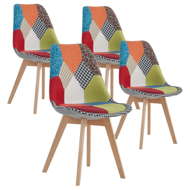 Wokaka Lot de 4 chaise de salle à manger en lin avec pieds en hêtre massif, design rétro Patchwork multicolore Chaises rembourrées(rouge)