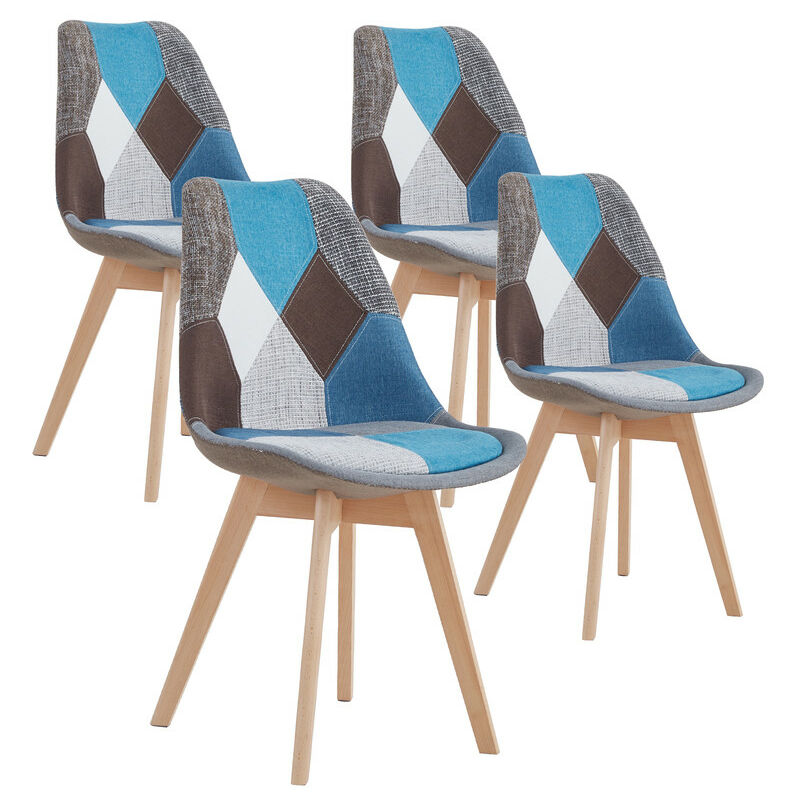 Wokaka - Lot de 4 chaise de salle à manger en lin avec pieds en hêtre massif, design rétro Patchwork multicolore Chaises rembourrées(bleu)