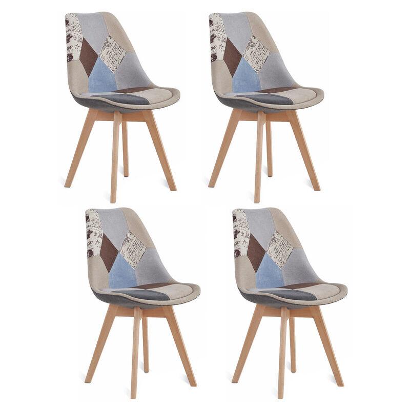 Wokaka - Lot de 4 chaise de salle à manger en lin avec pieds en hêtre massif, design rétro Patchwork multicolore Chaises rembourrées(brun)