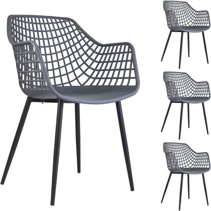 Lot de 4 chaises lucia pour salle à manger ou cuisine au design retro avec accoudoirs, coque en plastique gris et 4 pieds en métal - Gris foncé
