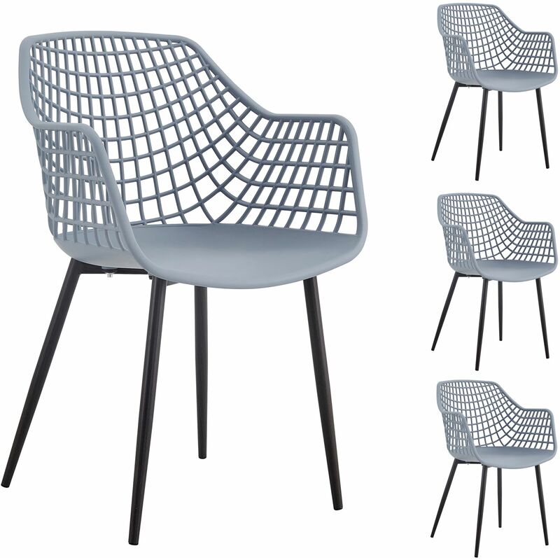 Lot de 4 chaises lucia pour salle à manger ou cuisine au design retro avec accoudoirs, coque en plastique gris clair - gris clair
