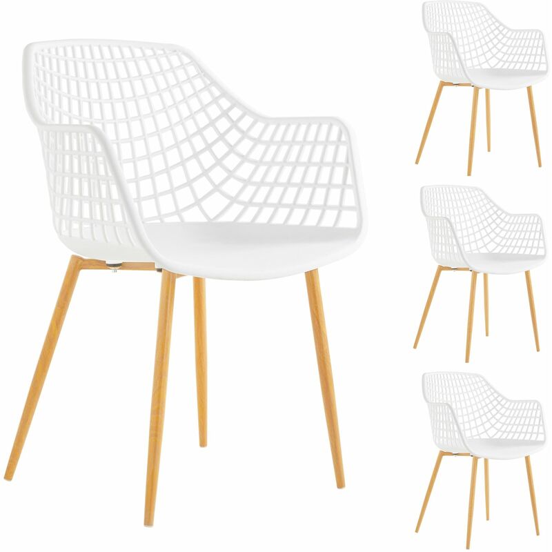 Idimex - Lot de 4 chaises lucia, en plastique blanc et pieds en métal décor chêne sonoma