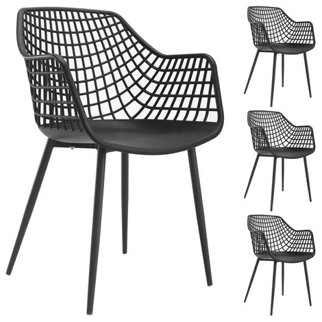 Lot de 4 chaises LUCIA pour salle à manger ou cuisine au design retro avec accoudoirs, coque en plastique noir et 4 pieds métal noir - Noir