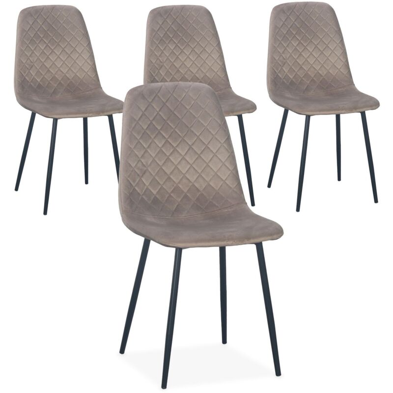 Cotecosy - Lot de 4 chaises matelassées Norway Velours Taupe Pieds Noir