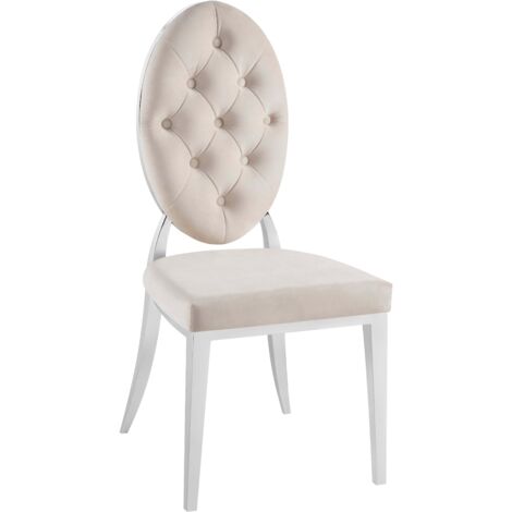 Homy France – Lot de 4 chaises médailon capitonnées velours blanc cassé – Structure en acier inoxydable – Pieds en métal chromé – Dimensions 50 x 52 x 108 cm