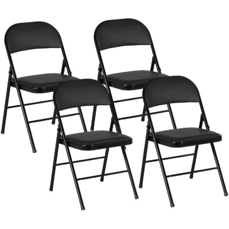 Lot de 4 chaises pliantes noires, sièges bureau portables, piètement métal, similicuir, usage réception, salle d'attente