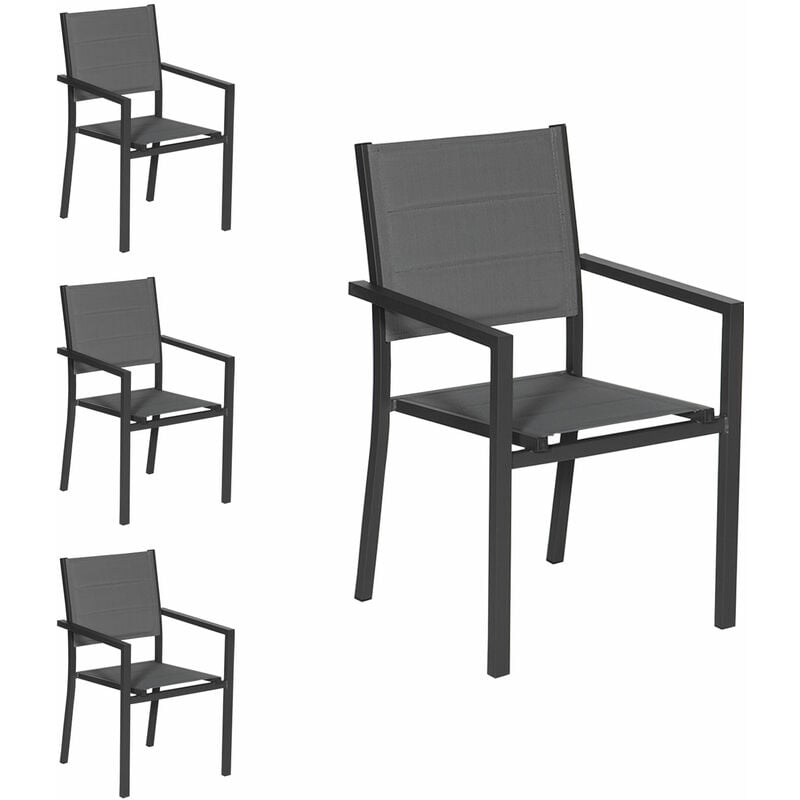 HAPPY GARDEN - Lot de 4 chaises rembourrées en aluminium anthracite - textilène gris