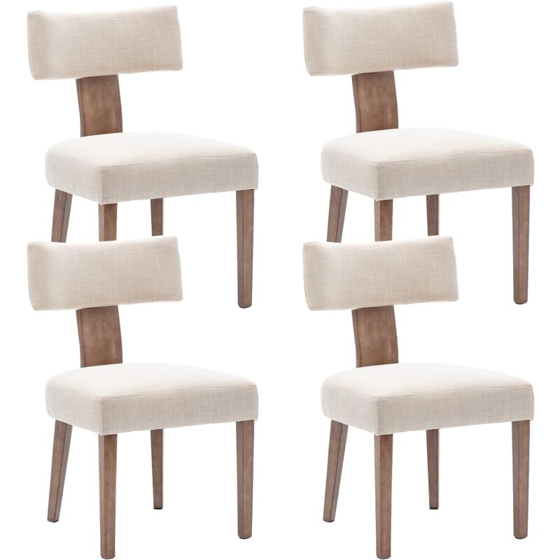 Lot de 4 Chaises Salle à Manger Chaise Cuisine en Lin Chaise Salon avec Pieds en Bois Massif Chaise Bois pour Cuisine, Beige