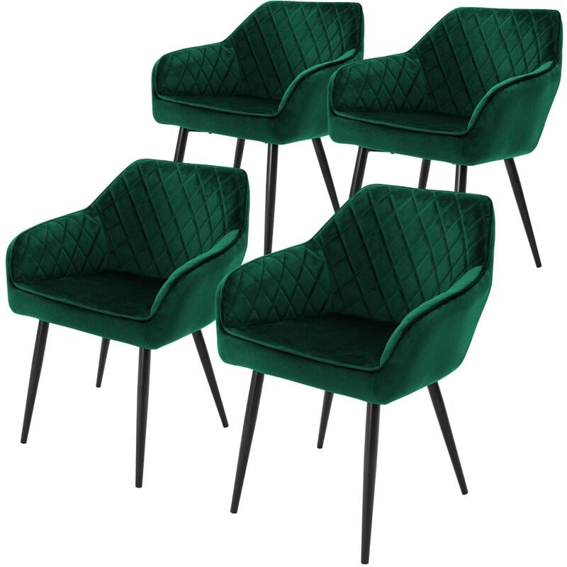 Lot de 4 Chaises de Salle à Manger avec Accoudoirs et Dossier, Vert Foncé, Revêtement en Velours, Pieds en Métal Noir, Chaise de Cuisine pour Table à