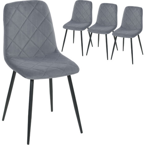 Lot de 4 chaises salle à manger rembourrées, dossier haut, pieds acier, tissu velours gris, assise confortable, design moderne.