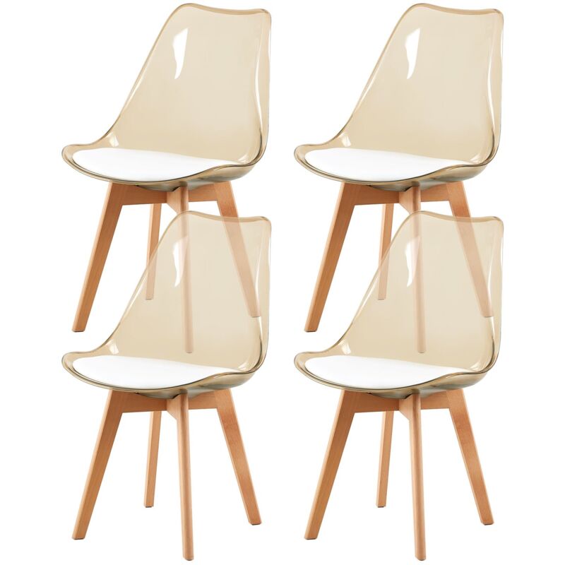 Eggree - Lot de 4 Chaises Salle à Manger avec Pieds en Bois de Hêtre, 4 Chaises de Cuisine Transparentes Marron avec Coussin d'Assise en Cuir pu Blanc