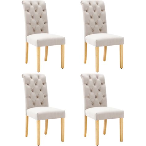 Lot de 4 chaises salle à manger velours beige, pieds en chêne massif, assise mousse haute densité, dossier capitonné 12 boutons