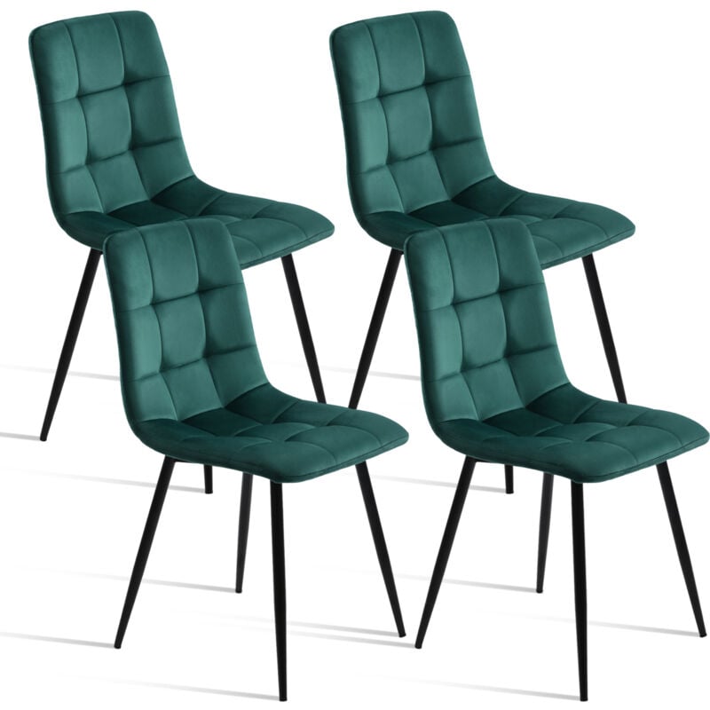 Lot de 4 chaises salle à manger, velours, pieds métal, style scandinave, chaise coiffeuse - Vert