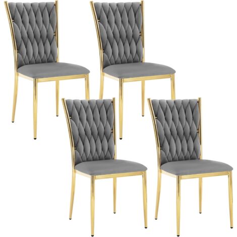 Lot de 4 Chaises Salle à Manger WOLTU, Chaise de Cuisine en Velours, avec Dossier Haut Tissé Design, Pieds Métalliques, Gris Foncé