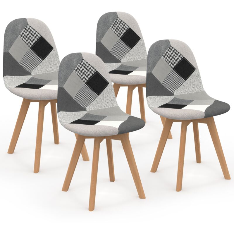 Lot de 4 chaises scandinaves sara motifs patchworks noirs, gris et blancs