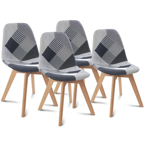 Lot de 4 chaises SARA motifs patchworks noirs, gris et blancs - Multicolore