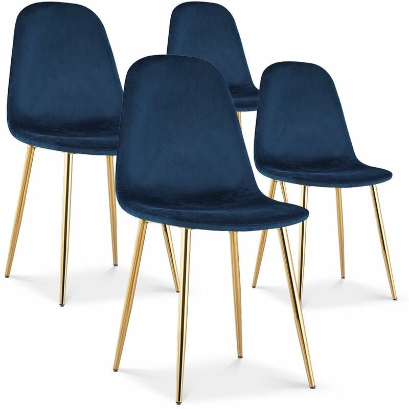 Intensedeco - Lot de 4 chaises Bali velours bleu pieds doré