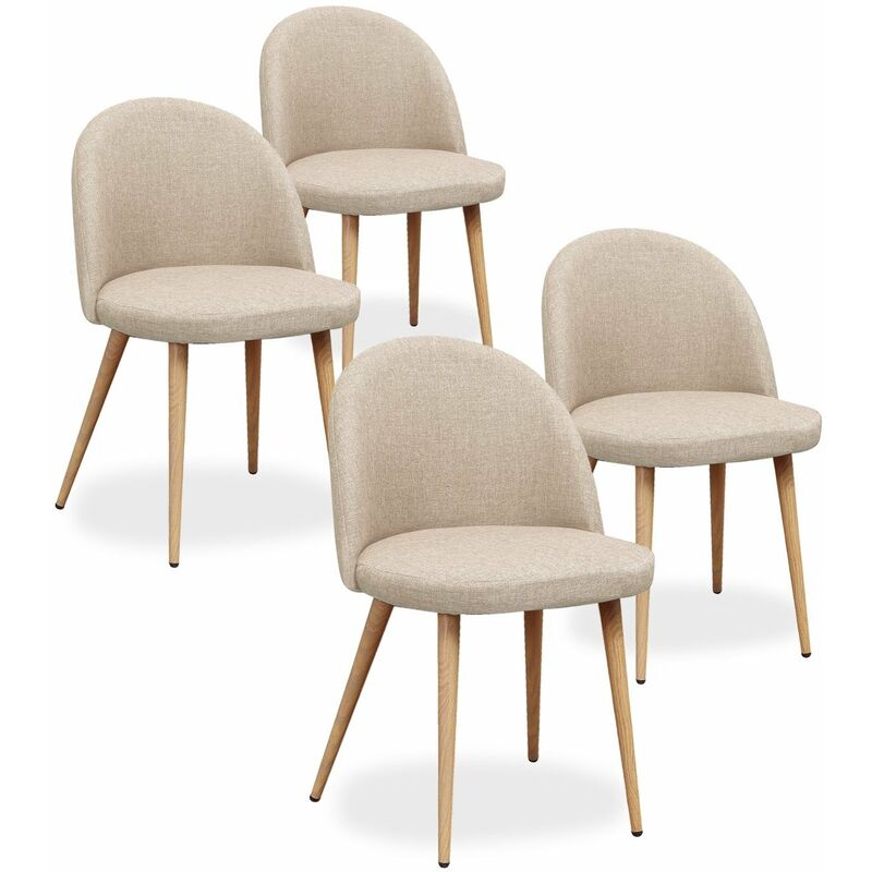 Intensedeco – Lot de 4 chaises scandinaves en tissu beige – Dossier arrondi – Pieds en métal imitation bois – Hauteur d'assise 45 cm – Largeur 51 cm