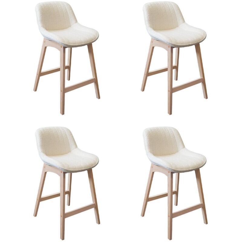 Mob-in - Tabourets de bar 65cm en chêne et assise tissu bouclette milk - Lot de 4