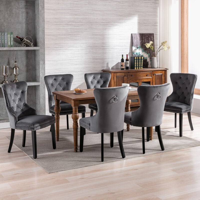 Modernluxe - Chaises scandinave avec pieds en chêne et garniture cloutée - tissu en velours - Gris - 6 pièces