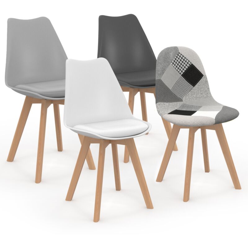Idmarket - Lot de 4 chaises scandinaves sara gris foncé, blanc, noir et patchworks noirs, gris et blancs