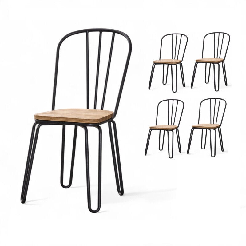 Kosmi - Lot de 4 chaises style industriel – Métal noir mat & assise en bois clair – Pieds épingle