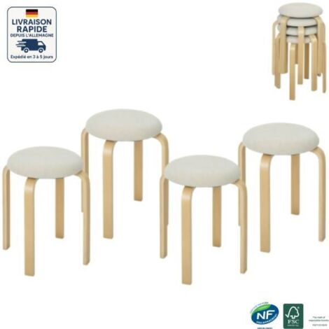 Lot de 4 chaises - tabourets empilables, tabourets ronds- Scandinave - aspect lin- Pieds bois-- Beige