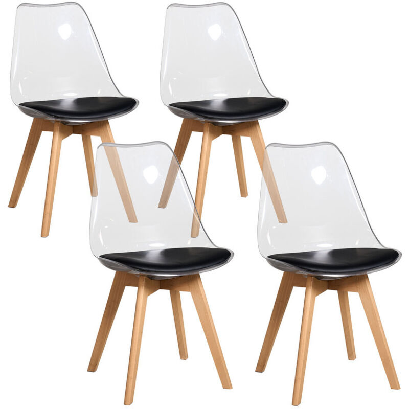 Wokaka - Lot de 4 chaises transparentes - Chaises scandinaves avec coussin d'assise en cuir - Pour salles à manger, salles de réception etc.(Noir)