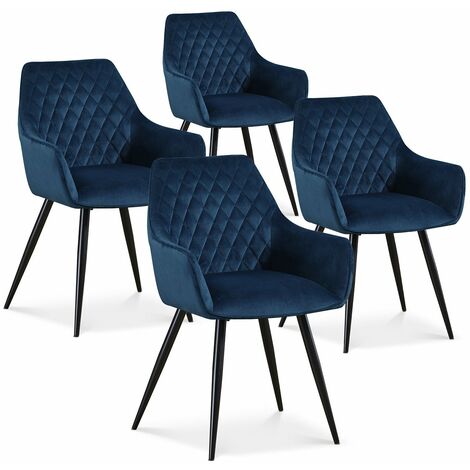Intensedeco – Lot de 4 chaises Victoria en velours bleu – Pieds en métal noir – Hauteur d'assise 51 cm – Largeur 39.5 cm – Style art déco