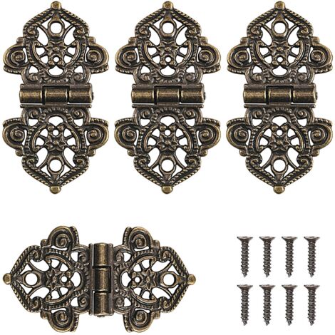 Lot de 4 charnières décoratives rétro en bronze antique avec vis de montage pour la décoration d'armoires, portes en bois, bibliothèques