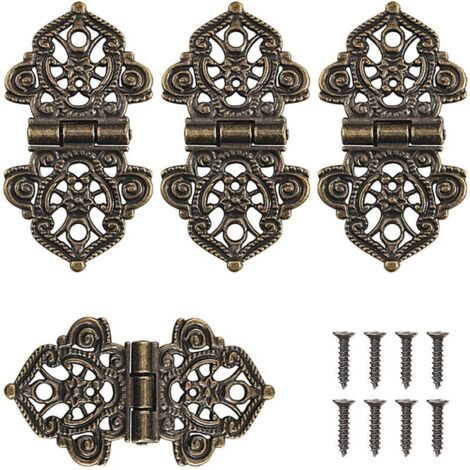 Lot de 4 charnières décoratives rétro en bronze antique avec vis de montage pour la décoration d'armoires, portes en bois, bibliothèques