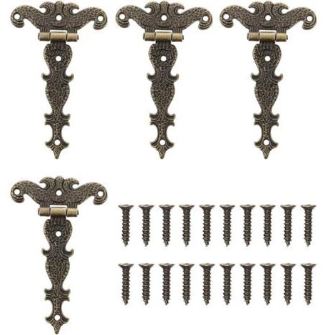 Lot de 4 charnières en T pliantes antiques en bronze - Charnières décoratives rétro sculptées pour portes, armoires, Charnières Vintage en Bronze Charnières Rétro avec Vis Charnières Décorative