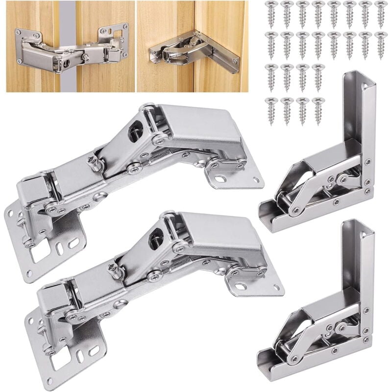 Lot de 4 charnières pour placard de cuisine, charnières pliantes à fermeture douce à 90/170 degrés avec 24 vis, charnières hydrauliques silencieuses