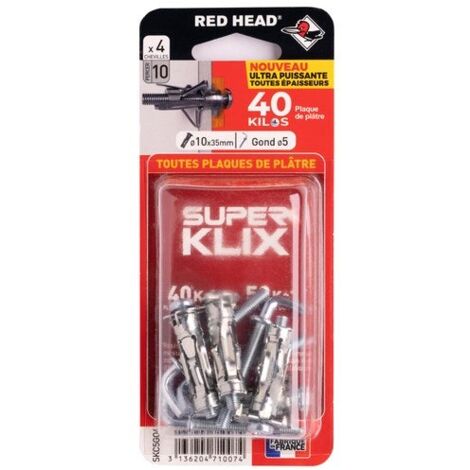 Lot de 4 chevilles Diam.10 x L.35 mm et gond RED HEAD, Diam.5mm
