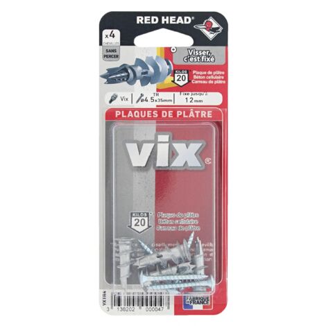 Lot de 4 chevilles vix 12mm x 30mm – Vissage sans perçage – Charge max 20kg – Pour plaques de plâtre et matériaux creux – Red Head