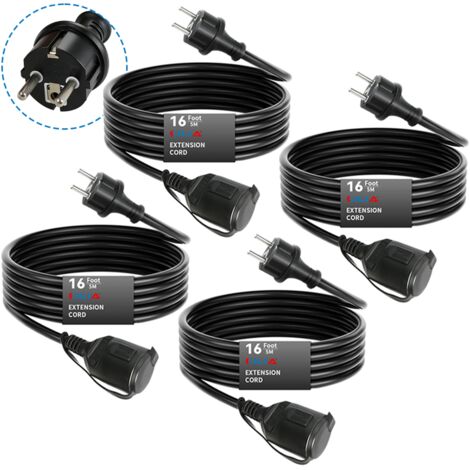 Lot de 4 CILIA Rallonge Électrique avec Clapet 5m  Câble d'Extension Noir 16A 3680W  Fiche Coudée 90° Schuko  Idéal Jardin, Tondeuse et Bricolage, Noir