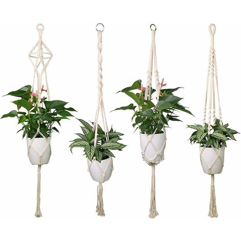 Lot de 4 cintres en macramé en corde de coton pour jardinière suspendue en pot pour plantes, cintre pour plafonds intérieurs extérieurs, balcons, décoration murale - 41 pouces, 4 pieds