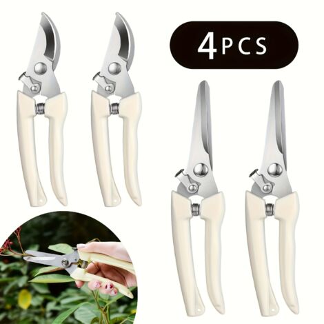 Lot de 4 cisailles de jardin en acier inoxydable – Sécateurs droits et courbés avec verrou de sécurité, poignées antidérapantes