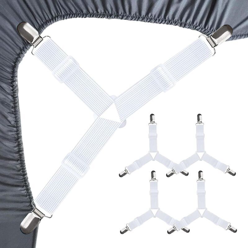 Lot de 4 clips de drap de lit, sangles d'angle réglables pour drap-housse, sangles triangulaires pour drap de lit, sangles de drap de lit, attaches