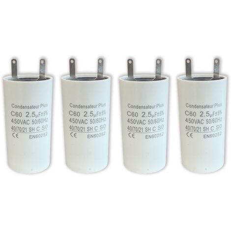 Lot de 4 – Condensateurs 2,5 µF – Gamme C+ Professionnelle – À cosses Faston 2,8 mm – Pour moteurs monophasés SOMFY, SIMU, NICE – 450V – Haute endurance