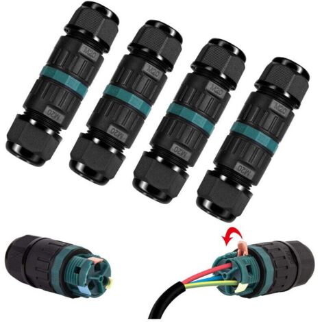 Lot de 4 Connecteur électrique etanche IP68 - Connecteur à 3 broches pour câble de Ø5-12 mm de diamètre, Boîte dérivation extérieur pour jardin et souterrain,