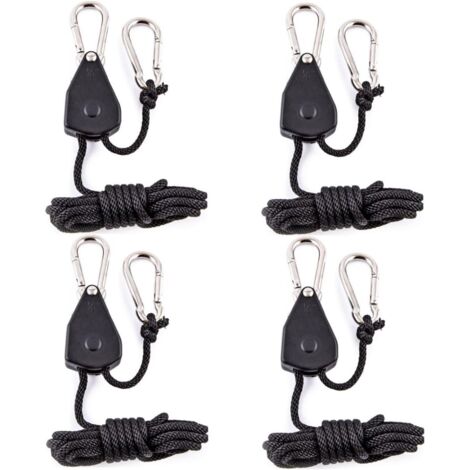 Lot de 4 cordes de suspension robustes de 2 m, réglables, pour plantes, éclairage, tente/auvent, avec poulies et accessoires (noir).