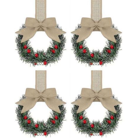 Lot de 4 couronnes de Noël pour placard de cuisine avec ruban, mini feuilles vertes artificielles pour décoration de Noël, fenêtre, mur, porte d'entrée, 10 cm