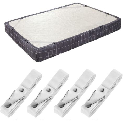 (Lot de 4 courts blancs) Sangles de support de drap de lit - Clips de drap-housse réglables Bretelles de fixation de drap de lit Support de pince élastique utilisé pour les draps de lit, les housses d