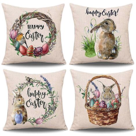 Lot de 4 coussins décoratifs de Pâques, motif lapin et œufs, pour canapé ou lit.