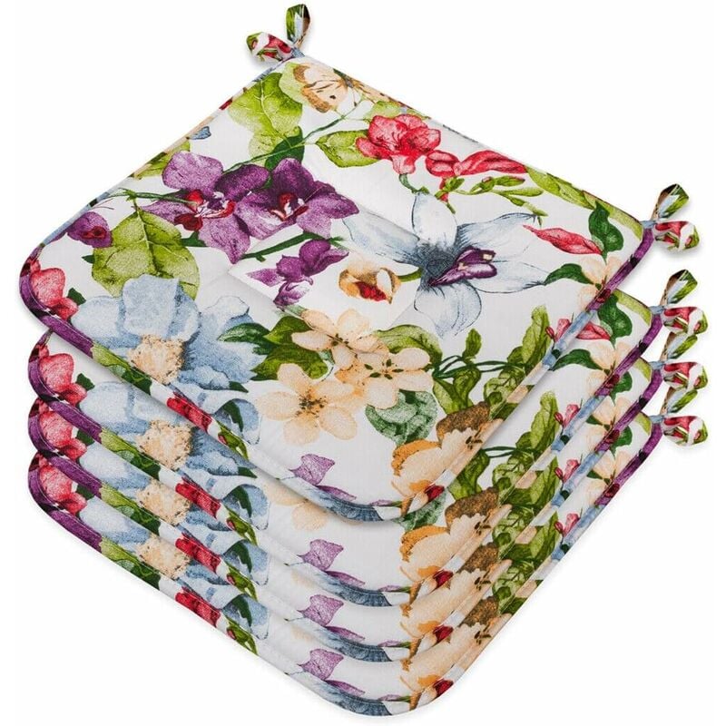 Emmevi Mv S.p.a. - Lot De 4 Coussins Pour Chaise Cuisine Coton Doux Lavables Universelles Fleurs Papillon - Violet