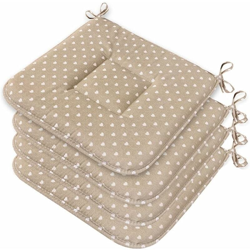 Emmevi Mv S.p.a. - Lot De 4 Coussins Pour Chaise Cuisine Coton Doux Lavables Universelles Matelassé Coeurs - Beige