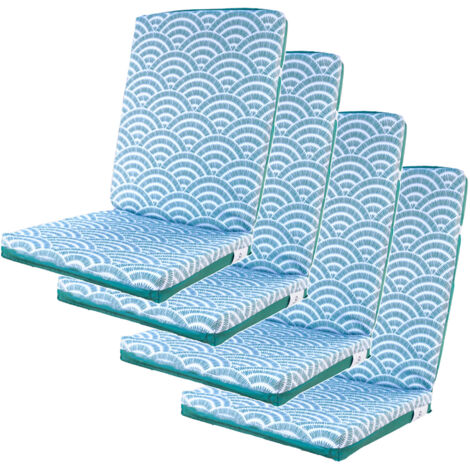 Lot de 4 coussins pour chaises 95 x 40 cm – Motif éventails verts – Résistants à l'eau – Sangles de maintien latérales