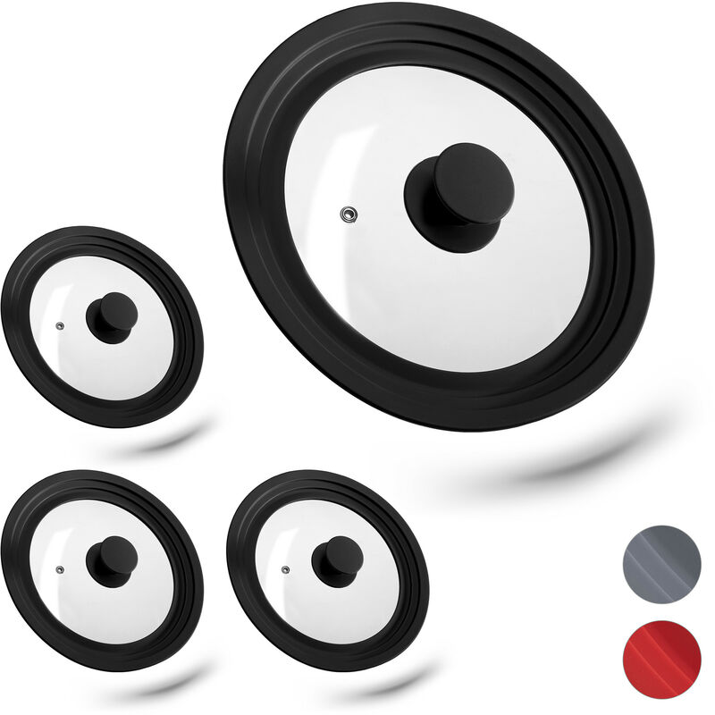 Lot de 4 couvercles universels, verre, universel, rebord silicone, trou vapeur, Casseroles, poêles, d 20-24 cm, noir