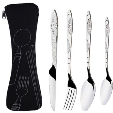 Lot de 4 Couverts de Camping, Ensemble de Couverts Transportables, Couverts en Acier Inoxydable avec Sac en Néoprène Idéal pour les Voyages et le Camping (Noir)